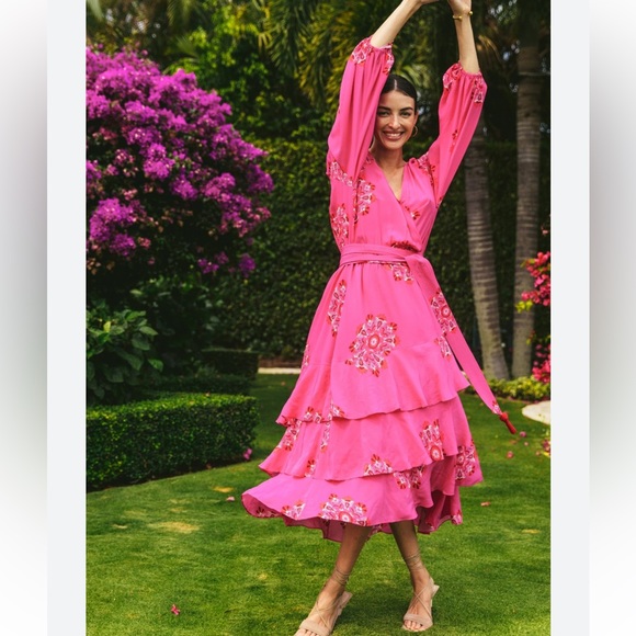 Figue Frederica Printed Tiered Ruffle Belted Dress L - Picture 2 of 13